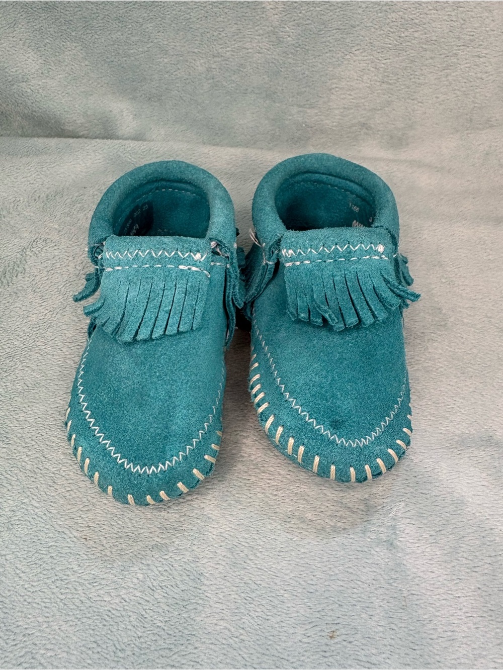 Minnetonka Infant Riley Suede Fringe Bootie Moccasins Turquoise Teal Size 3